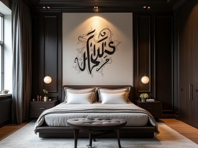 Luksuriøst soverom med kalligrafisk veggkunst i Oslo