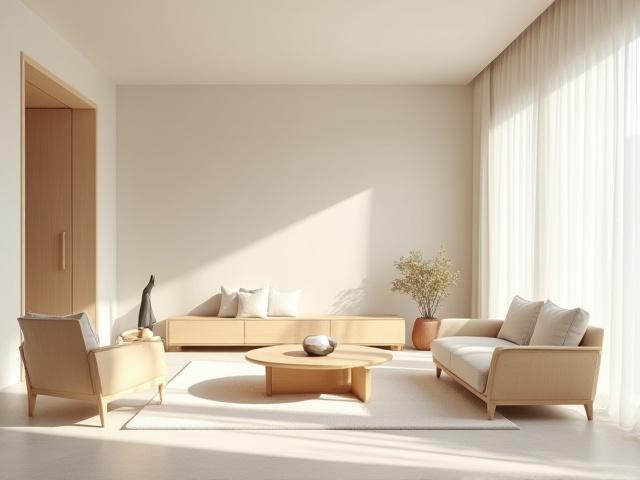 Minimalistisk stue med spesialmøbler og skulpturelle kalligrafiske detaljer