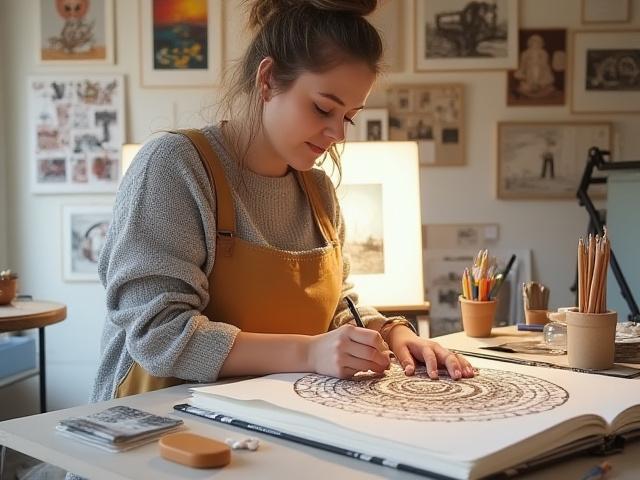 Portrett av grunnleggeren av Skrift Stue som arbeider med kalligrafi i et lyst studio.